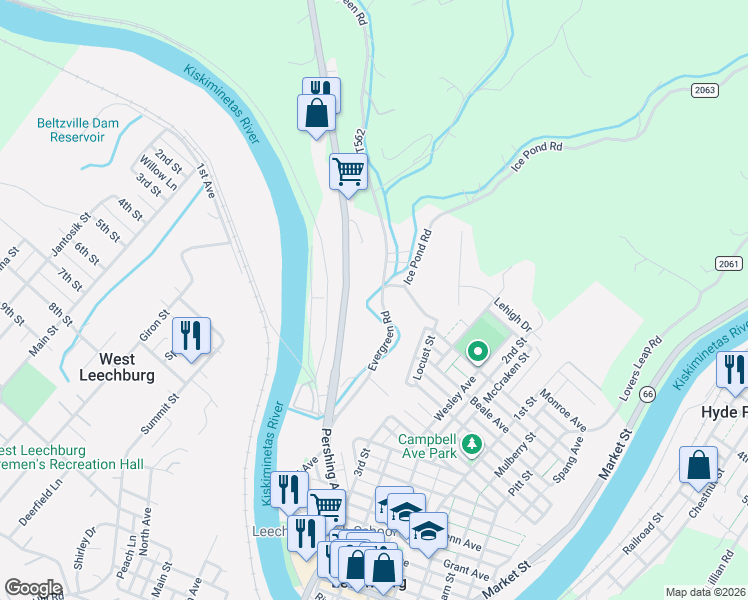 map of restaurants, bars, coffee shops, grocery stores, and more near 489 Evergreen Road in Leechburg