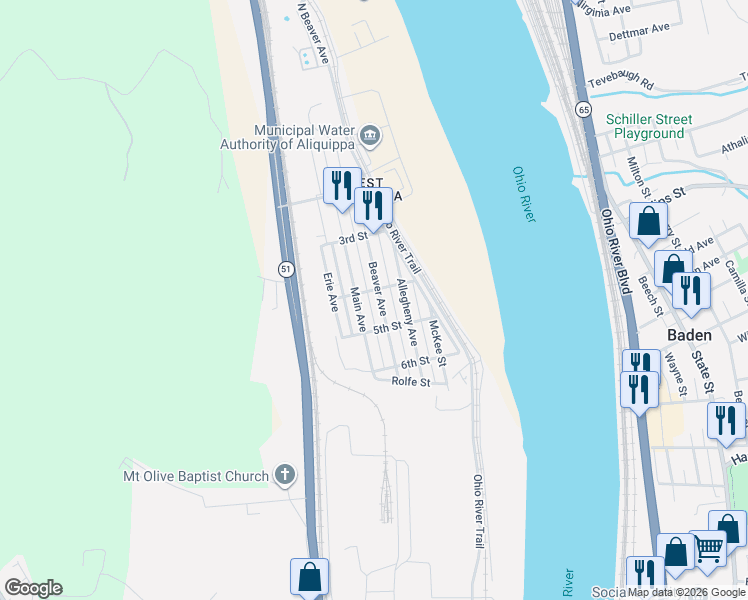 map of restaurants, bars, coffee shops, grocery stores, and more near 402 Beaver Avenue in Aliquippa