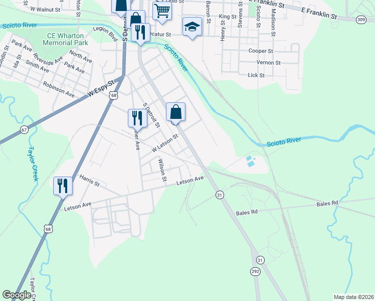 map of restaurants, bars, coffee shops, grocery stores, and more near 1004 South Main Street in Kenton