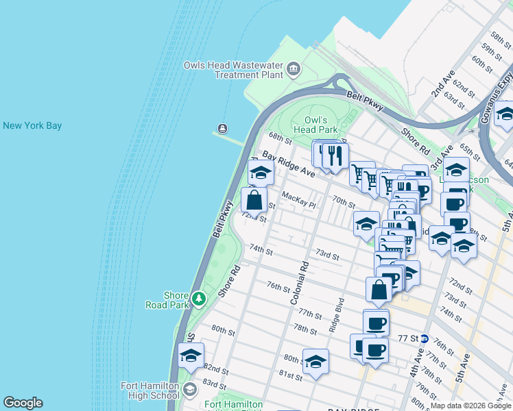 map of restaurants, bars, coffee shops, grocery stores, and more near 16 71st Street in Brooklyn