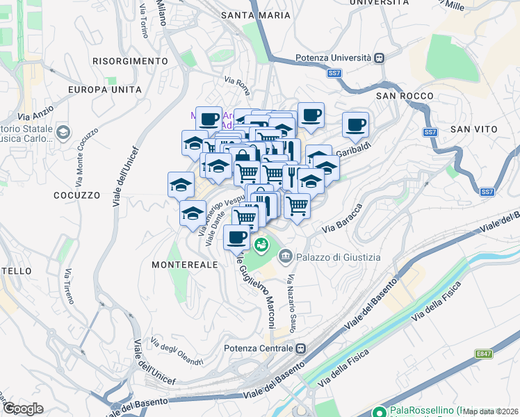 map of restaurants, bars, coffee shops, grocery stores, and more near 8 Viale Dante in Potenza