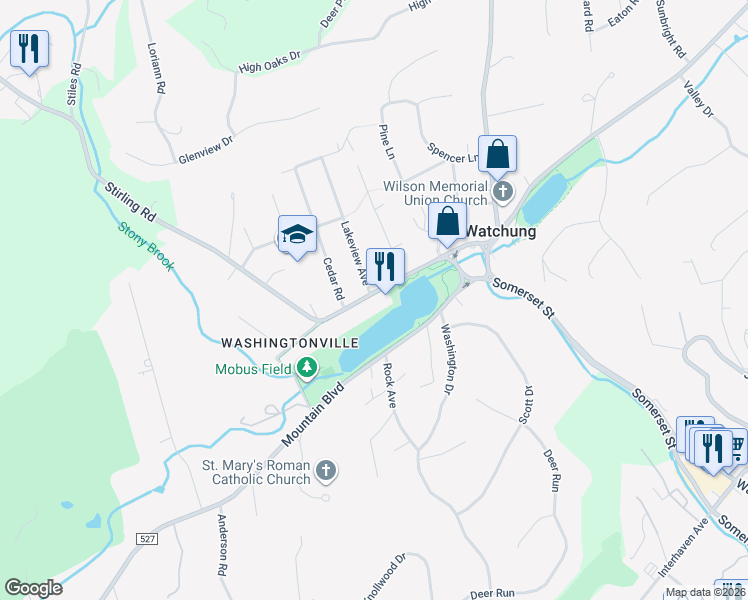 map of restaurants, bars, coffee shops, grocery stores, and more near 153 Stirling Road in Watchung