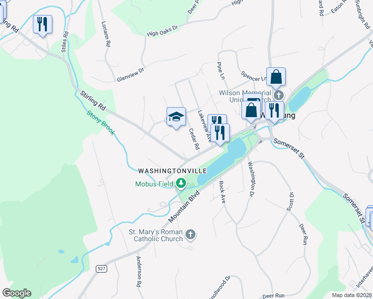 map of restaurants, bars, coffee shops, grocery stores, and more near 210 Stirling Road in Watchung