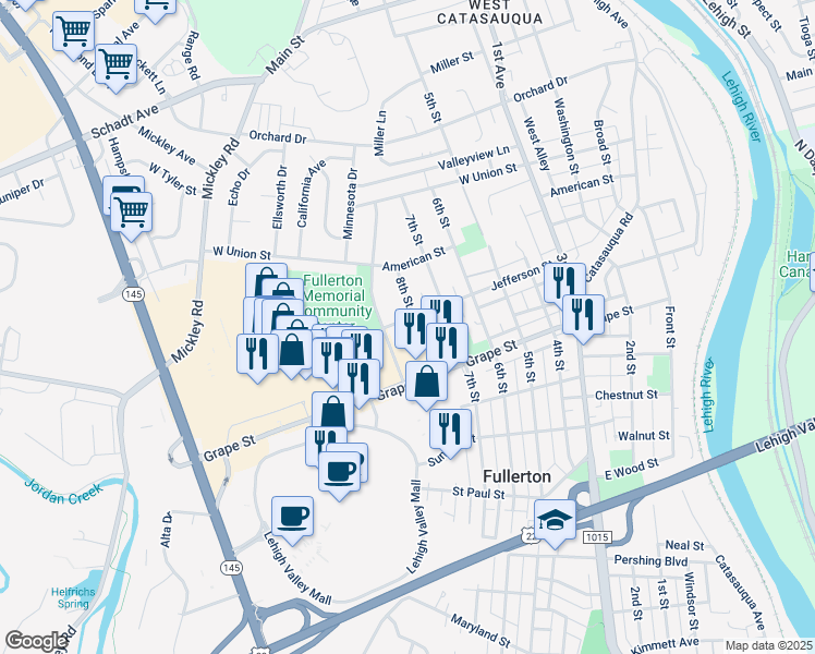 map of restaurants, bars, coffee shops, grocery stores, and more near 808 Jefferson Street in Fullerton