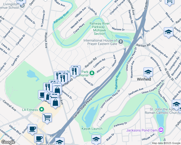 map of restaurants, bars, coffee shops, grocery stores, and more near 11 Coldevin Road in Clark