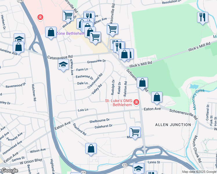 map of restaurants, bars, coffee shops, grocery stores, and more near 1566 Primrose Lane in Bethlehem