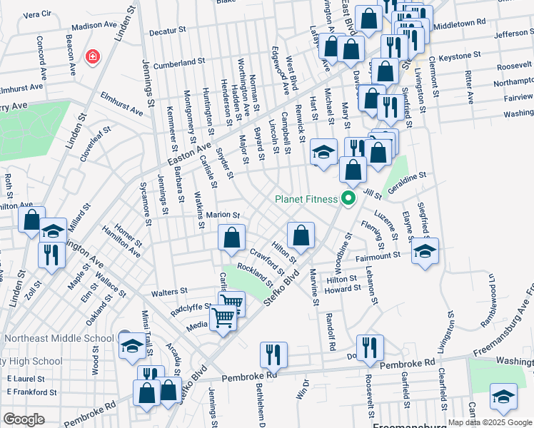 map of restaurants, bars, coffee shops, grocery stores, and more near 1632 Snyder Street in Bethlehem