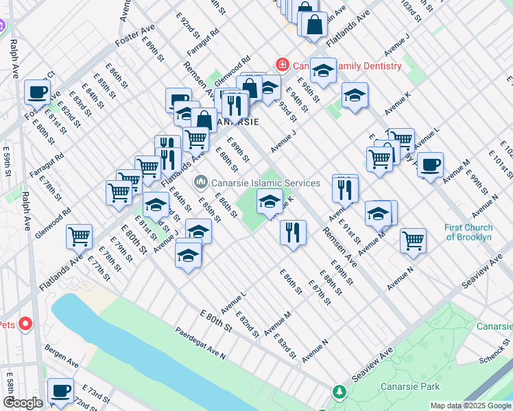 map of restaurants, bars, coffee shops, grocery stores, and more near 8701 Avenue K in Brooklyn