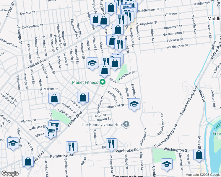 map of restaurants, bars, coffee shops, grocery stores, and more near 1580 Luzerne Street in Bethlehem