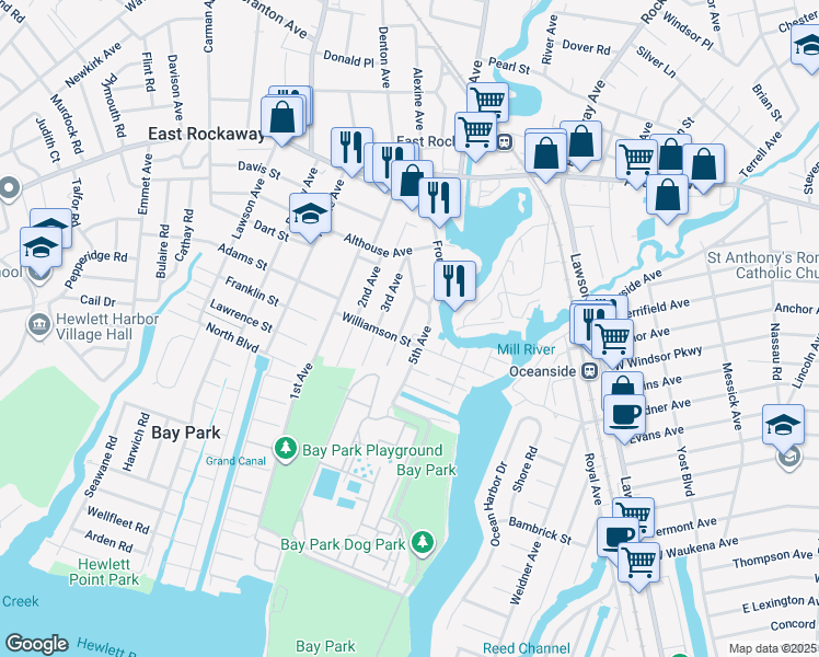 map of restaurants, bars, coffee shops, grocery stores, and more near 57 4th Avenue in East Rockaway