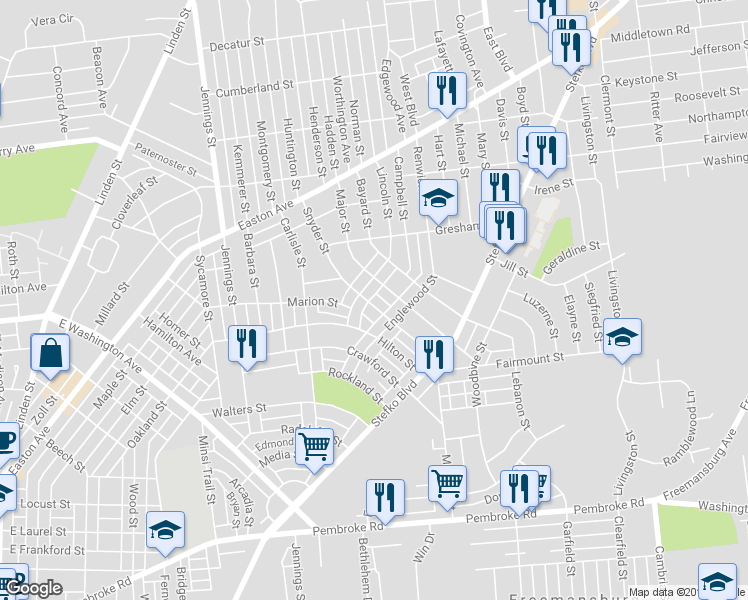map of restaurants, bars, coffee shops, grocery stores, and more near 1632 Snyder Street in Bethlehem