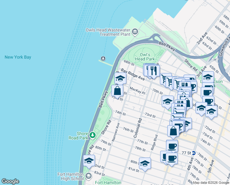 map of restaurants, bars, coffee shops, grocery stores, and more near 7106 Shore Road in Brooklyn