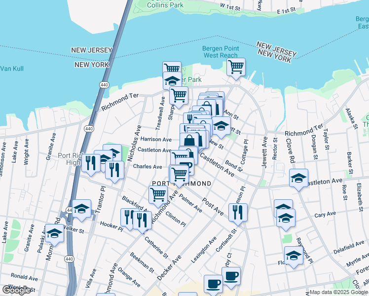 map of restaurants, bars, coffee shops, grocery stores, and more near 38 Harrison Avenue in Staten Island