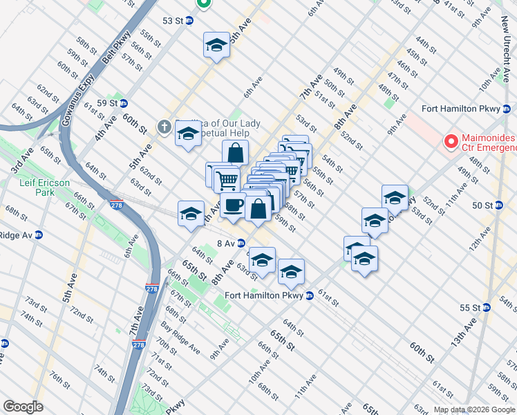 map of restaurants, bars, coffee shops, grocery stores, and more near 750 59th Street in Brooklyn