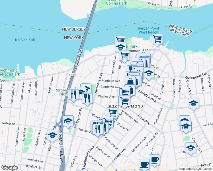 map of restaurants, bars, coffee shops, grocery stores, and more near 1657 Castleton Avenue in Staten Island