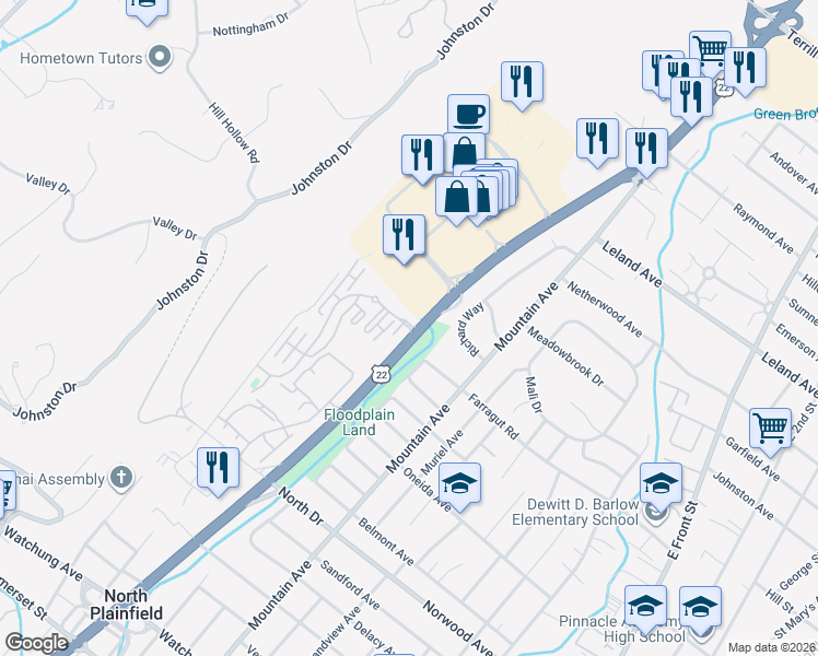 map of restaurants, bars, coffee shops, grocery stores, and more near Crystal Ridge Drive in North Plainfield
