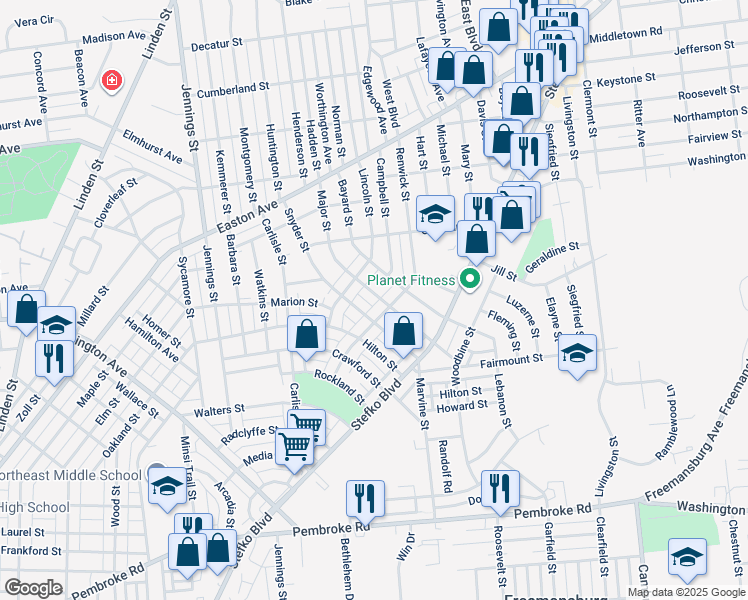 map of restaurants, bars, coffee shops, grocery stores, and more near 1715 Major Street in Bethlehem