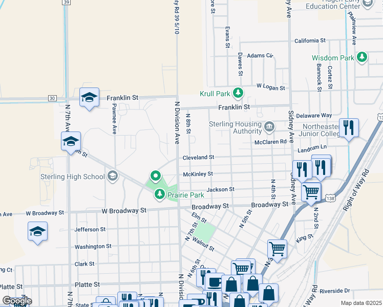 map of restaurants, bars, coffee shops, grocery stores, and more near in Sterling