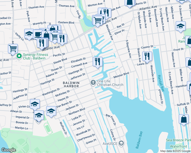 map of restaurants, bars, coffee shops, grocery stores, and more near 1123 Washington Place in Baldwin