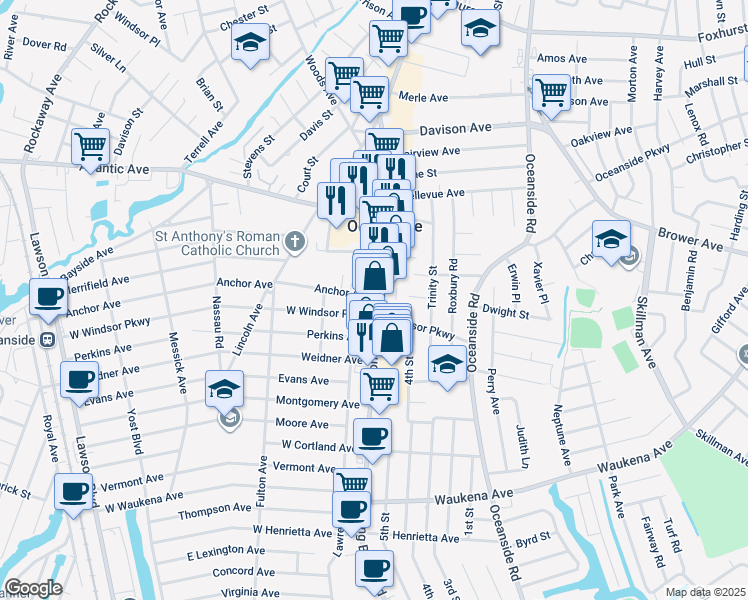 map of restaurants, bars, coffee shops, grocery stores, and more near 1 Anchor Avenue in Oceanside