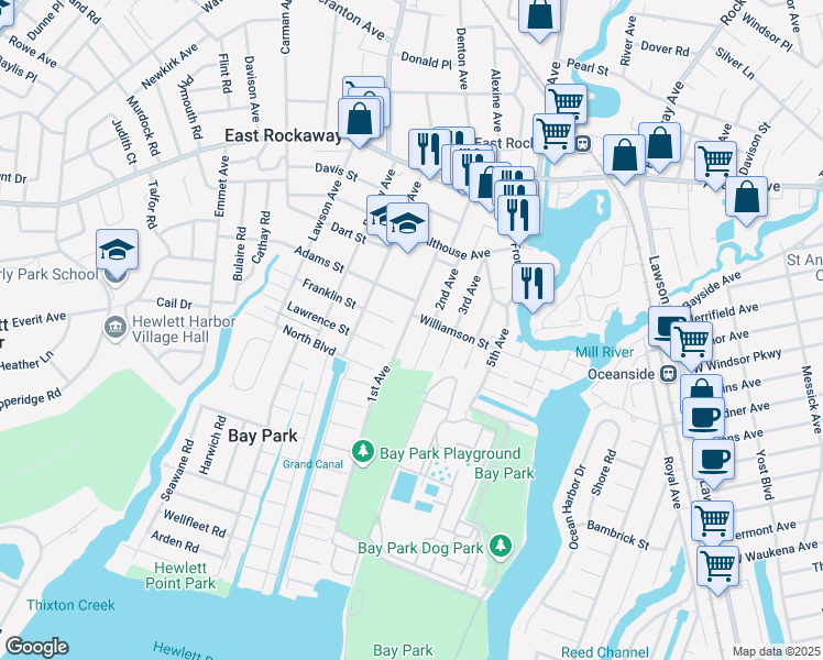 map of restaurants, bars, coffee shops, grocery stores, and more near 61 1st Avenue in East Rockaway