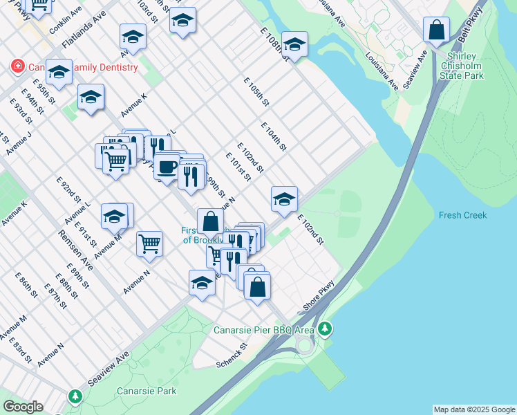 map of restaurants, bars, coffee shops, grocery stores, and more near 1427 East 100th Street in Brooklyn