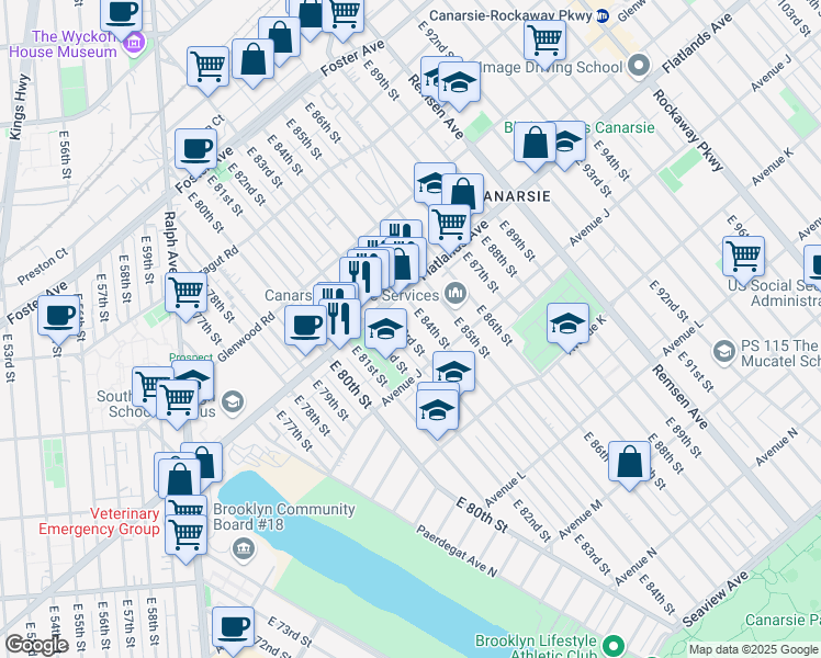 map of restaurants, bars, coffee shops, grocery stores, and more near 942 East 84th Street in Brooklyn
