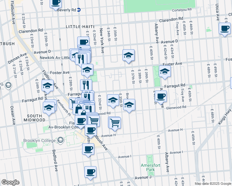map of restaurants, bars, coffee shops, grocery stores, and more near 3402 Farragut Road in Brooklyn