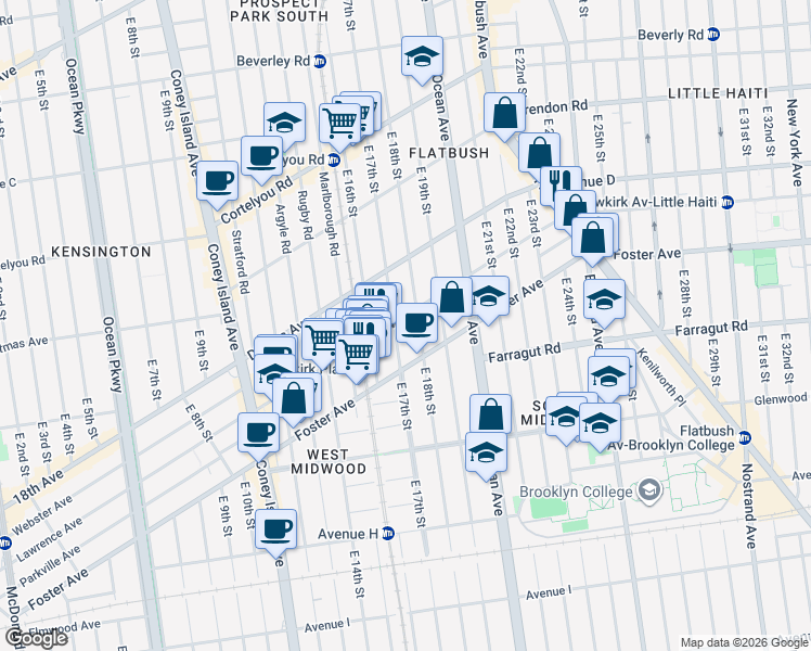 map of restaurants, bars, coffee shops, grocery stores, and more near 1818 Newkirk Avenue in Brooklyn