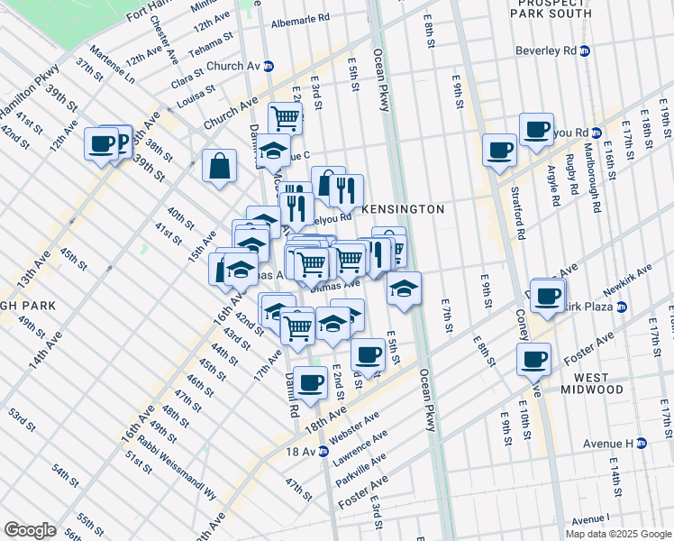 map of restaurants, bars, coffee shops, grocery stores, and more near 602 East 2nd Street in Brooklyn