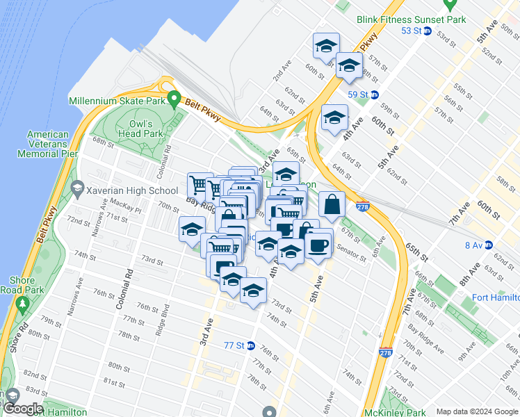 map of restaurants, bars, coffee shops, grocery stores, and more near 303 Bay Ridge Avenue in Brooklyn