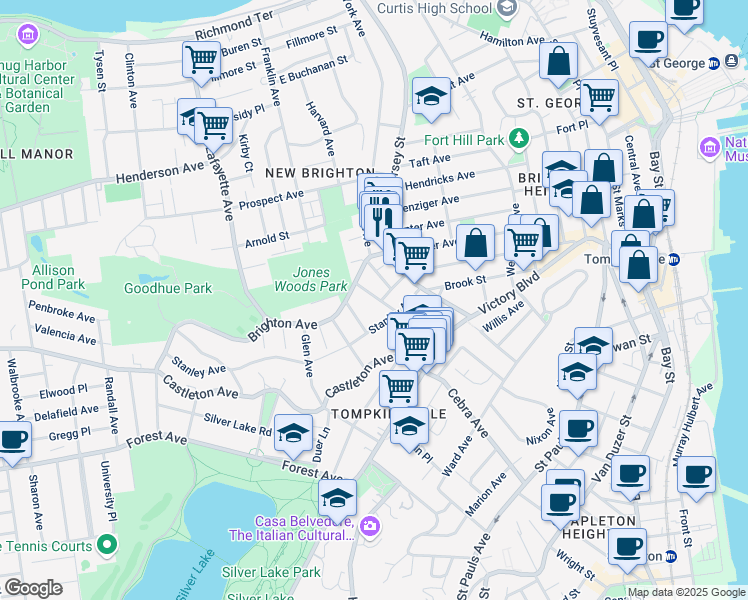 map of restaurants, bars, coffee shops, grocery stores, and more near 19 Pine Street in Staten Island