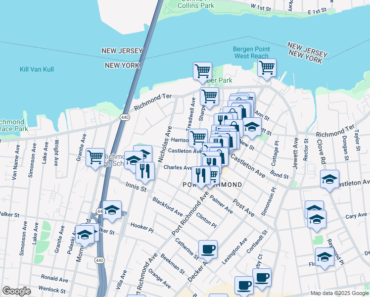 map of restaurants, bars, coffee shops, grocery stores, and more near 1657 Castleton Avenue in Staten Island