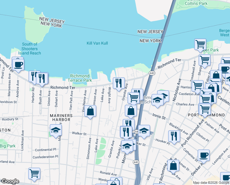 map of restaurants, bars, coffee shops, grocery stores, and more near 25 Wright Avenue in Staten Island