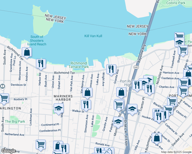 map of restaurants, bars, coffee shops, grocery stores, and more near 11 Simonson Avenue in Staten Island