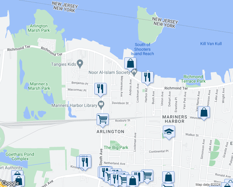 map of restaurants, bars, coffee shops, grocery stores, and more near 121 Grandview Avenue in Staten Island