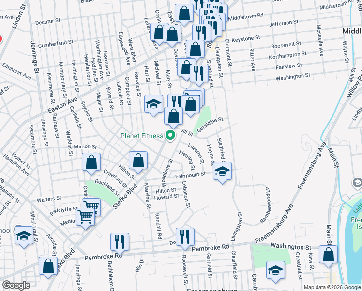 map of restaurants, bars, coffee shops, grocery stores, and more near 1580 Luzerne Street in Bethlehem