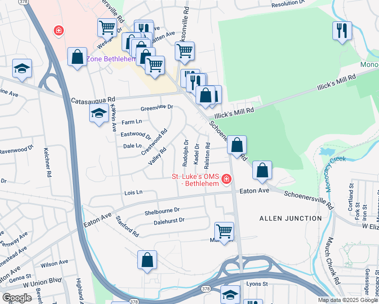 map of restaurants, bars, coffee shops, grocery stores, and more near 1557 Kadel Drive in Bethlehem