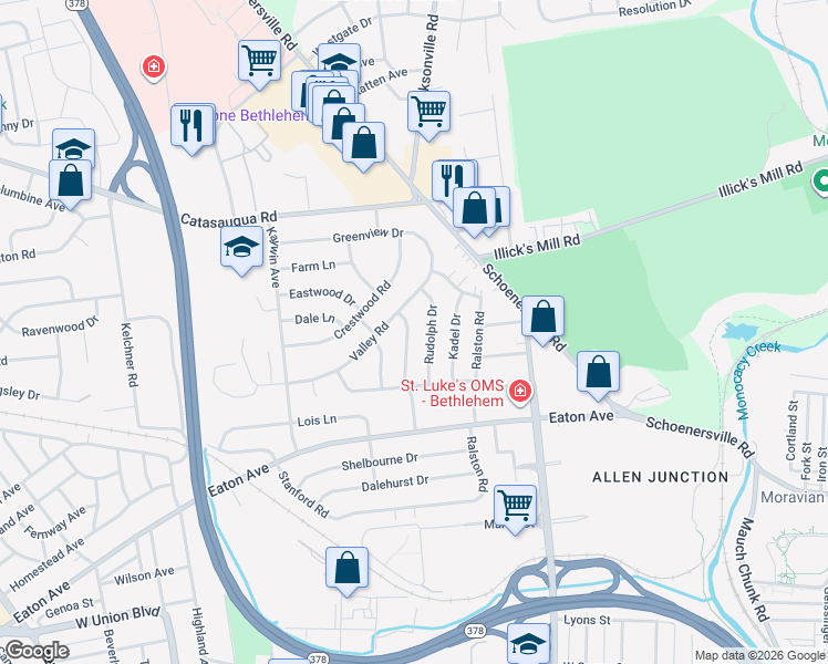 map of restaurants, bars, coffee shops, grocery stores, and more near 1566 Primrose Lane in Bethlehem