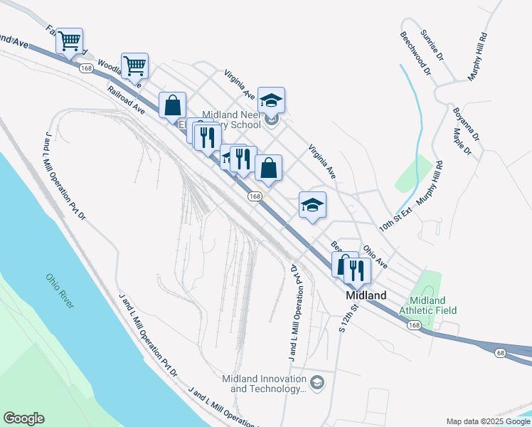 map of restaurants, bars, coffee shops, grocery stores, and more near 814 Pennsylvania 68 in Midland