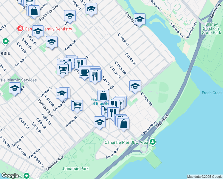 map of restaurants, bars, coffee shops, grocery stores, and more near 9820 Avenue North in Brooklyn