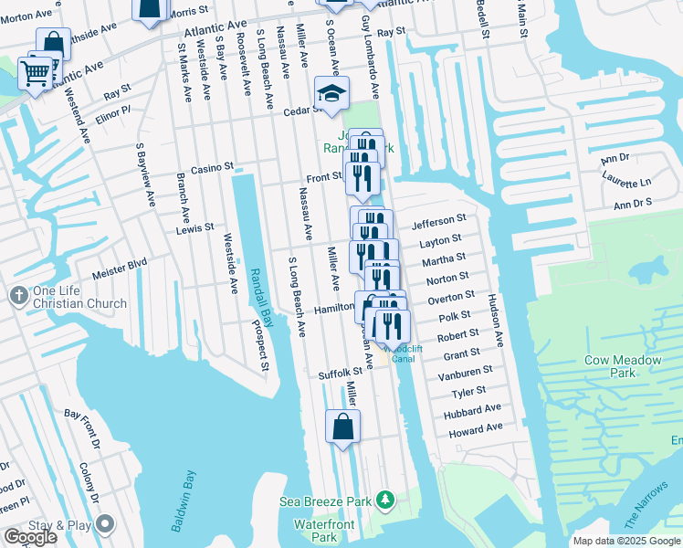 map of restaurants, bars, coffee shops, grocery stores, and more near 461 Miller Ave in Freeport