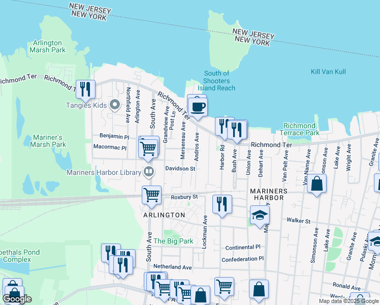 map of restaurants, bars, coffee shops, grocery stores, and more near 38 Christopher Street in Staten Island