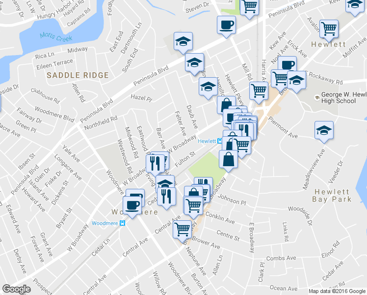 map of restaurants, bars, coffee shops, grocery stores, and more near 1091 West Broadway in Woodmere