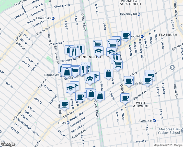 map of restaurants, bars, coffee shops, grocery stores, and more near 491 Ocean Parkway in Brooklyn