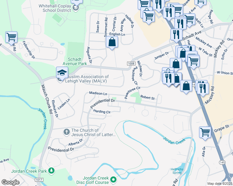 map of restaurants, bars, coffee shops, grocery stores, and more near 34 Madison Lane in Fullerton