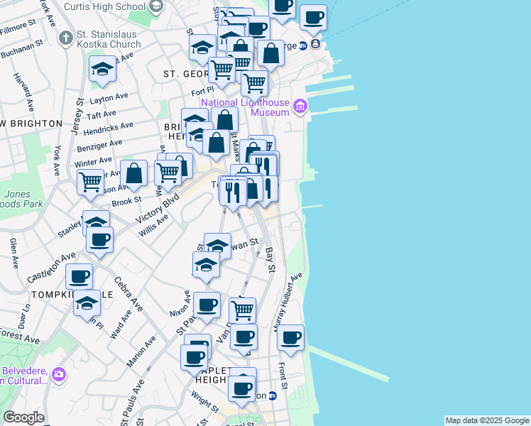 map of restaurants, bars, coffee shops, grocery stores, and more near 231 Bay Street in Staten Island