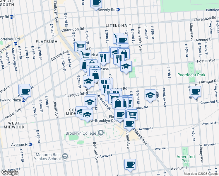 map of restaurants, bars, coffee shops, grocery stores, and more near 2725 Farragut Road in Brooklyn