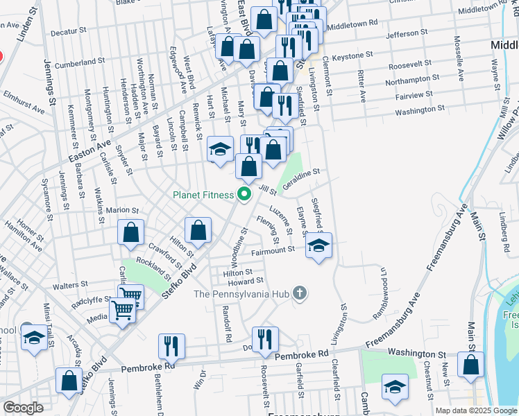 map of restaurants, bars, coffee shops, grocery stores, and more near 1580 Luzerne Street in Bethlehem