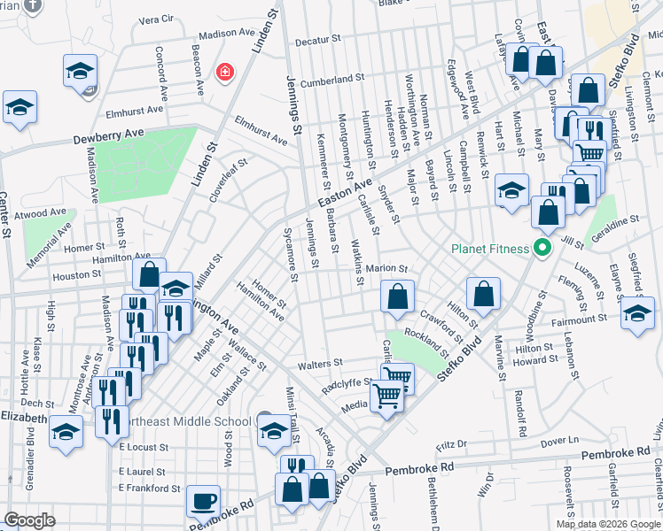 map of restaurants, bars, coffee shops, grocery stores, and more near 1812 Jennings Street in Bethlehem